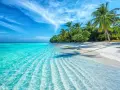 Spiaggia bianca con palme e mare cristallino. Nonostante il **maldive periodo peggiore**, l'acqua è invitante e il cielo azzurro.