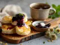 Deliziosi pancake con marmellata di mirtilli e panna acida, un assaggio dei piatti tipici rumeni, accompagnati da una tazza di tè.