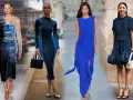 Four models in blue dresses on a runway and street.