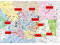 Mappa di Madrid con zone evidenziate per decidere dove dormire: Malasaña, Chueca, Sol, Letras, Salamanca, Retiro, Lavapiés, La Latina, Moncloa.