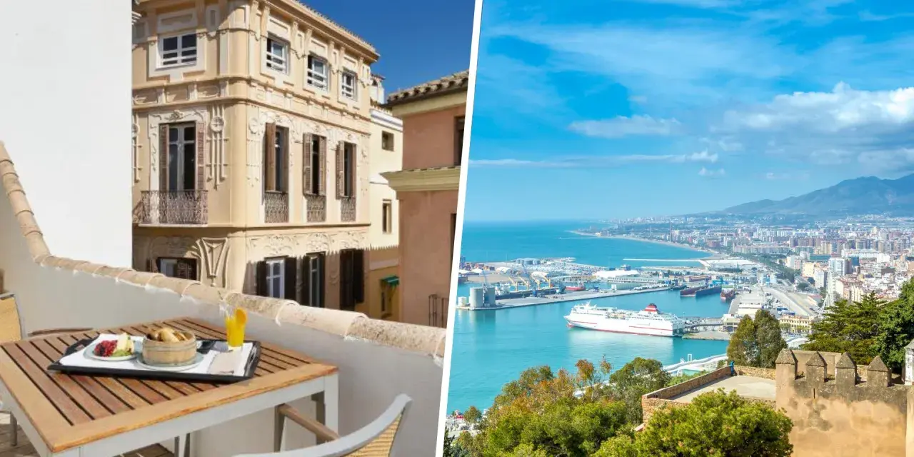 Balcone con colazione e vista panoramica sul porto di Malaga. Scopri dove alloggiare a Malaga per una vacanza indimenticabile.