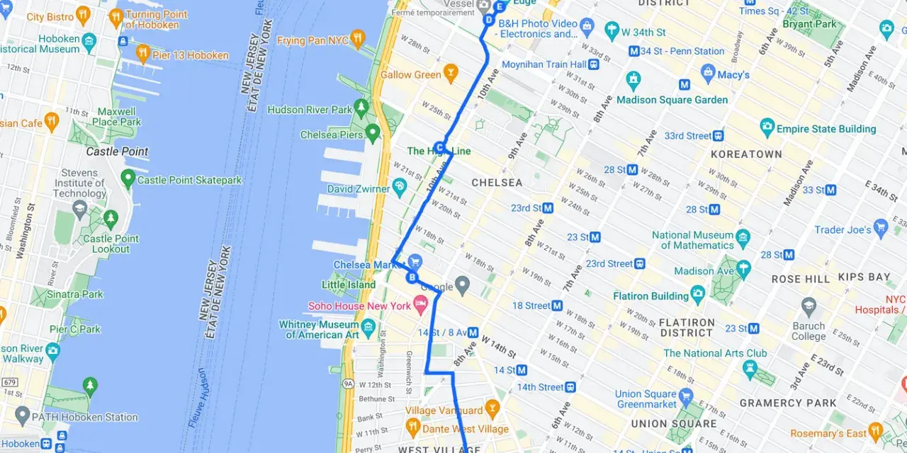 Mappa di New York con itinerario per cosa vedere a New York in 7 giorni, da Hoboken a Union Square, passando per High Line e Greenwich Village.
