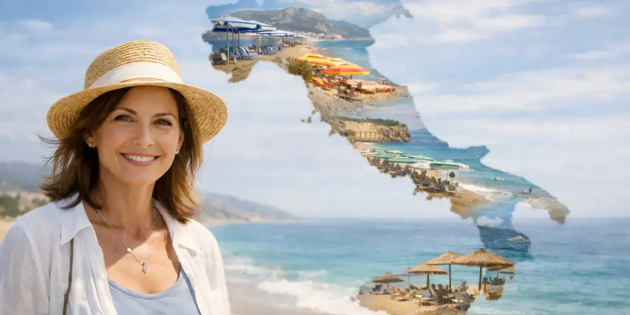 Donna sorridente con cappello di paglia su spiaggia italiana, ideale per sapere dove andare in vacanza a maggio al caldo.