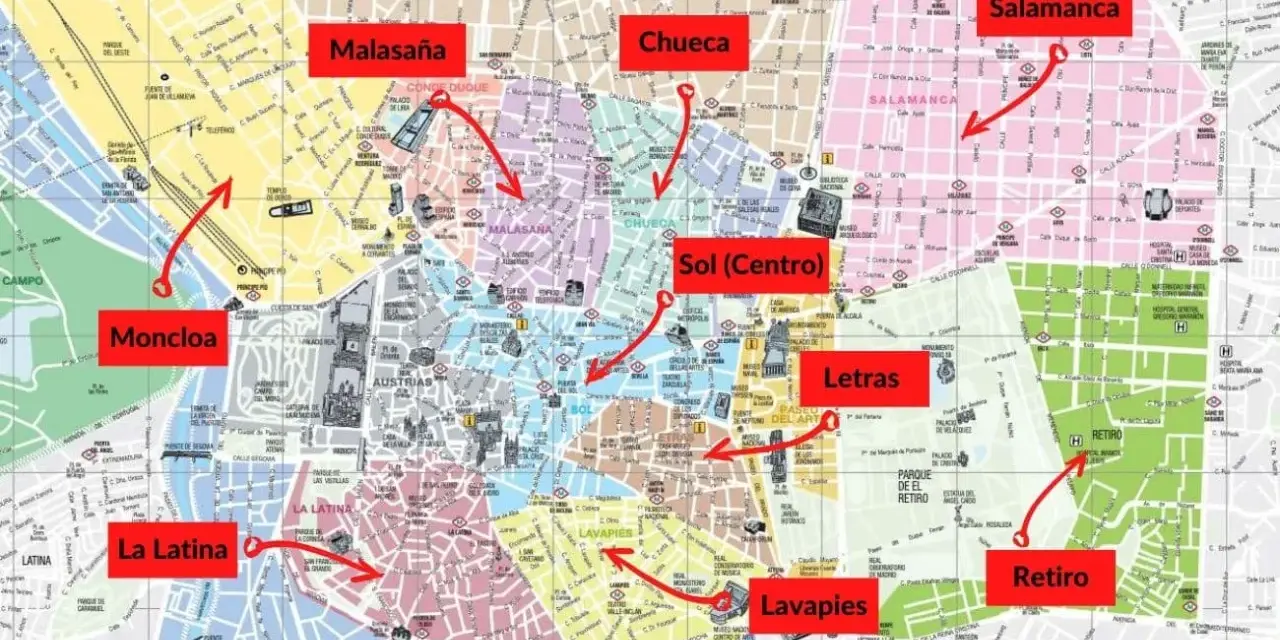 Mappa di Madrid con zone evidenziate per decidere dove dormire: Malasaña, Chueca, Sol, Letras, Salamanca, Retiro, Lavapiés, La Latina, Moncloa.