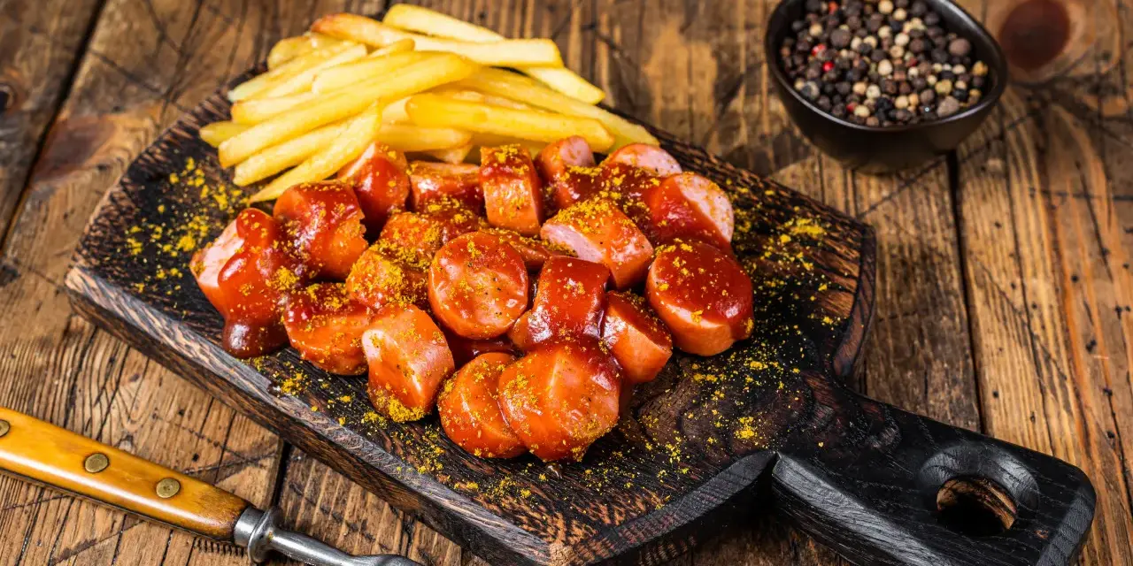 Currywurst e patatine fritte, un classico per sapere cosa mangiare a Berlino.