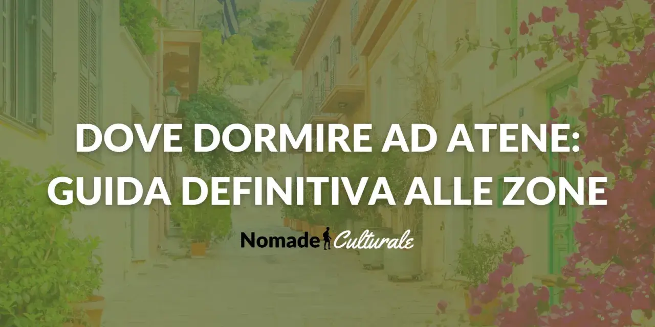 Guida definitiva su dove alloggiare ad Atene, con scorci di vicoli fioriti e la bandiera greca.