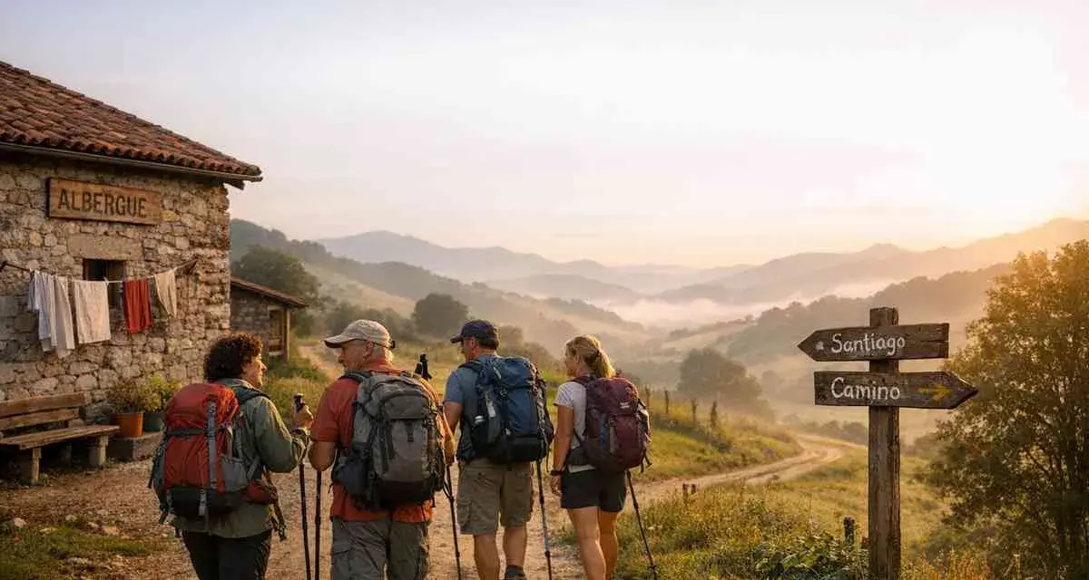 Pellegrini con zaini e bastoncini da trekking si dirigono verso un cartello che indica "Santiago Camino". La domanda "quanto dura il cammino di Santiago" risuona mentre il sole sorge su dolci colline nebbiose.