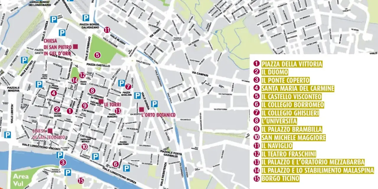 Mappa di Pavia: cosa vedere in un giorno. Indica i luoghi d'interesse come il Duomo, il Castello Visconteo e il Ponte Coperto.