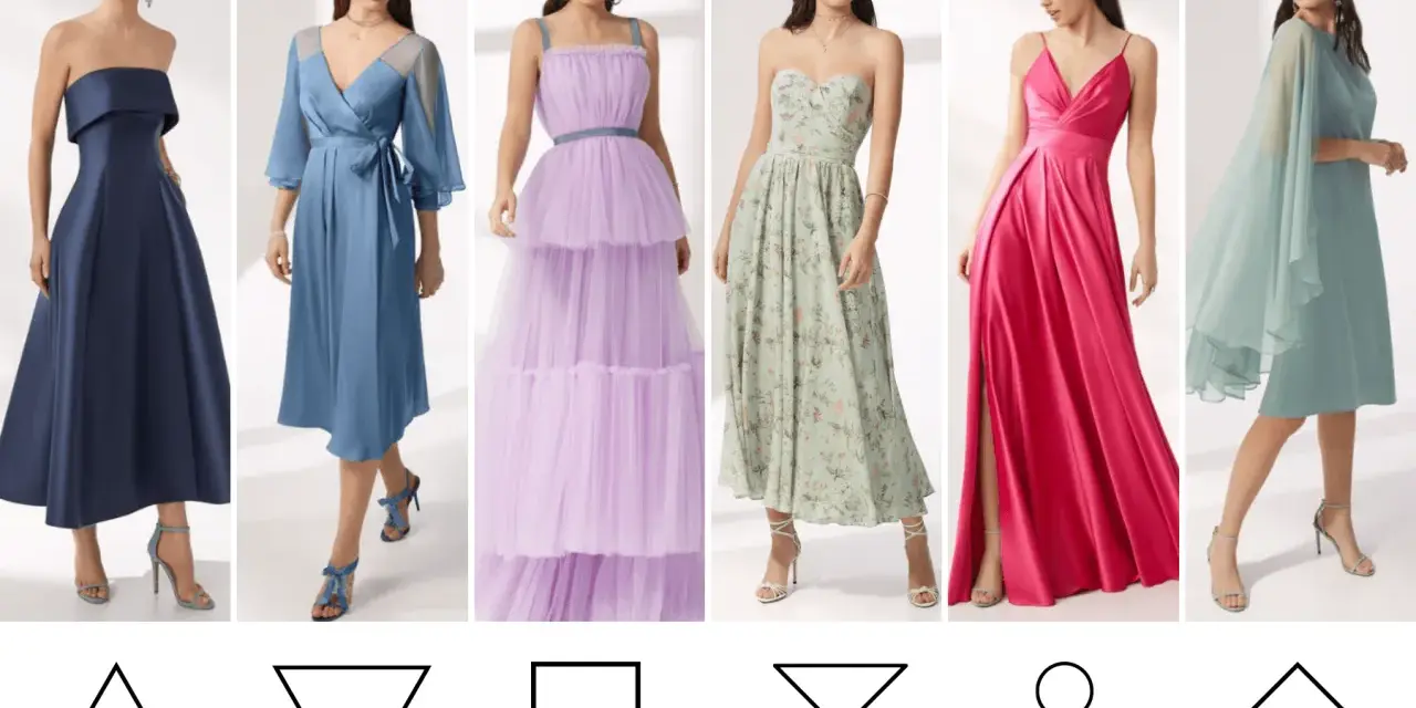 Abiti da cerimonia per fisico a pera: abiti blu navy, azzurro, lilla, floreale, fucsia e verde acqua.