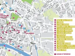 Mappa di Pavia: cosa vedere in un giorno. Indica i luoghi d'interesse come il Duomo, il Castello Visconteo e il Ponte Coperto.