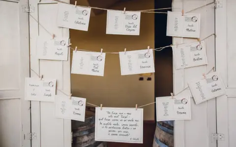 Tableau mariage idee: cartoline con nomi degli invitati e destinazioni, appese a filo con mollette.