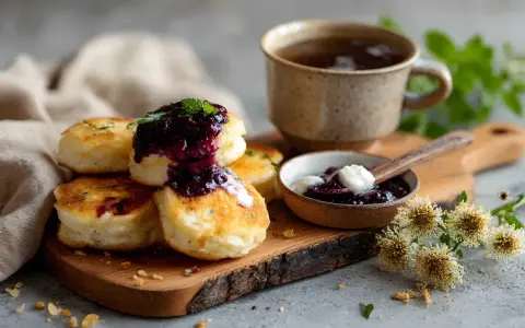 Deliziosi pancake con marmellata di mirtilli e panna acida, un assaggio dei piatti tipici rumeni, accompagnati da una tazza di tè.
