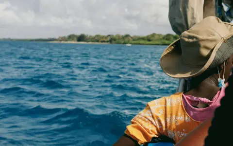 Persona con cappello di paglia osserva il mare blu e la costa verde. Un viaggio in Kenya è un'ottima idea per godersi questo panorama.