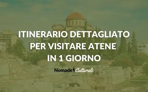 Itinerario dettagliato per visitare Atene in 1 giorno. Un'antica chiesa con cupola domina lo sfondo, mentre rovine storiche e vegetazione rigogliosa compongono la scena.