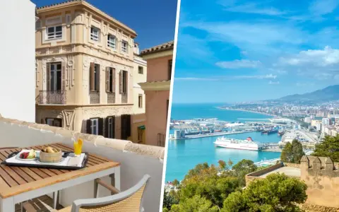 Balcone con colazione e vista panoramica sul porto di Malaga. Scopri dove alloggiare a Malaga per una vacanza indimenticabile.