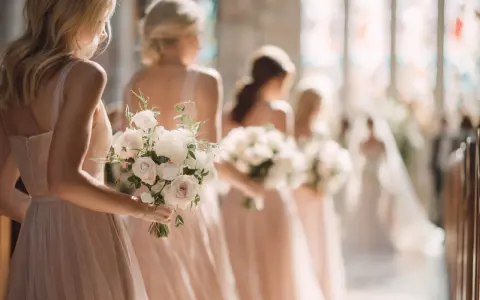 Damigelle d'onore in abiti rosa cipria, ognuna con un bouquet di rose bianche. Quante damigelle si possono avere per un matrimonio da sogno?