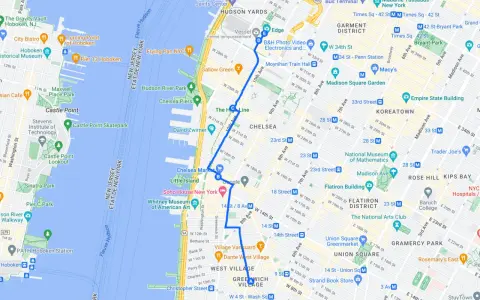 Mappa di New York con itinerario per cosa vedere a New York in 7 giorni, da Hoboken a Union Square, passando per High Line e Greenwich Village.
