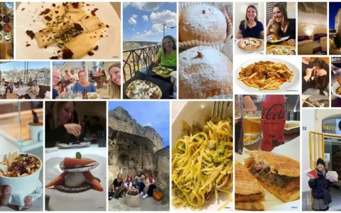 Collage di immagini che mostrano piatti tipici Matera: pasta, dolci, pizza, panini e antipasti, con scorci della città.