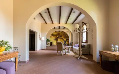 Interno accogliente con archi in pietra, un murale di un albero antico e arredi che evocano l'atmosfera dell'antico borgo di Sutri.