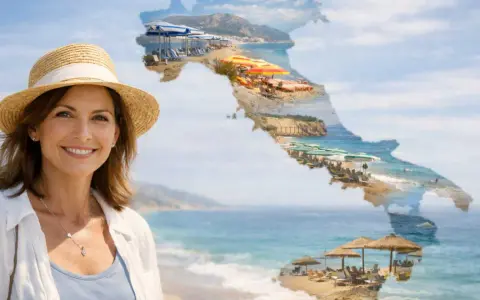 Donna sorridente con cappello di paglia su spiaggia italiana, ideale per sapere dove andare in vacanza a maggio al caldo.