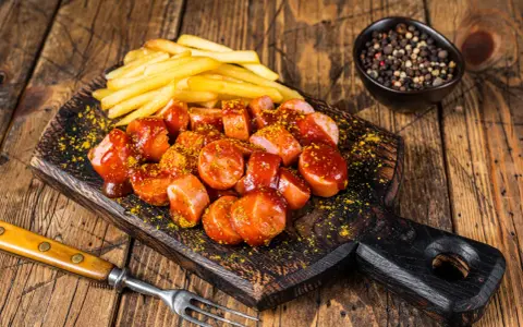 Currywurst e patatine fritte, un classico per sapere cosa mangiare a Berlino.