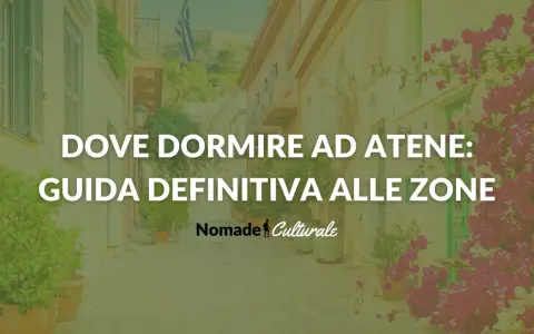 Guida definitiva su dove alloggiare ad Atene, con scorci di vicoli fioriti e la bandiera greca.