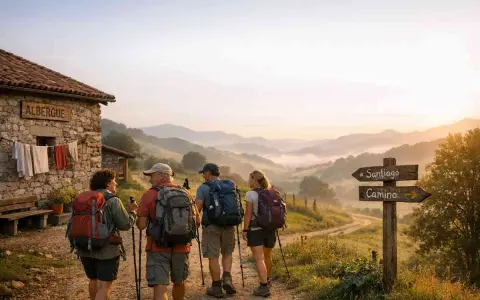 Pellegrini con zaini e bastoncini da trekking si dirigono verso un cartello che indica "Santiago Camino". La domanda "quanto dura il cammino di Santiago" risuona mentre il sole sorge su dolci colline nebbiose.
