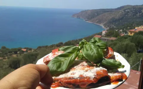 Melanzane alla parmigiana con basilico fresco, con vista sul mare di Marina di Pisciotta.