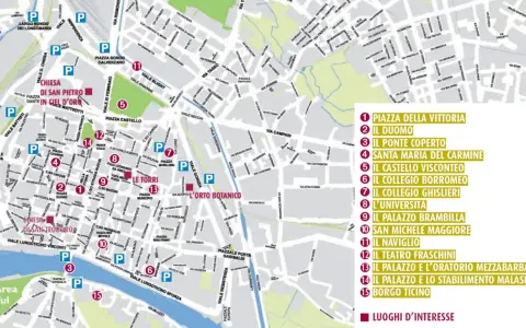 Mappa di Pavia: cosa vedere in un giorno. Indica i luoghi d'interesse come il Duomo, il Castello Visconteo e il Ponte Coperto.