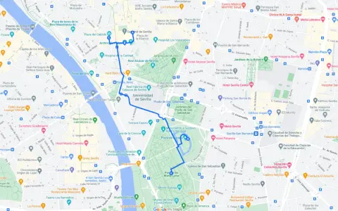 Mappa di Siviglia con itinerario per cosa vedere a Siviglia in 3 giorni: Alcázar, Plaza de España, Parco Maria Luisa, Cattedrale.