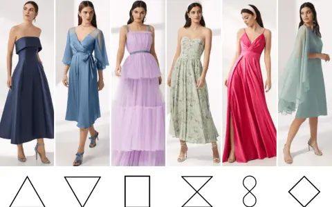 Abiti da cerimonia per fisico a pera: abiti blu navy, azzurro, lilla, floreale, fucsia e verde acqua.