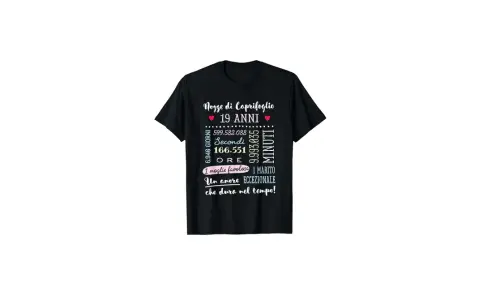 T-shirt nera con scritta "Nozze di Caprifoglio 19 ANNI". Celebra un amore eccezionale che dura nel tempo!