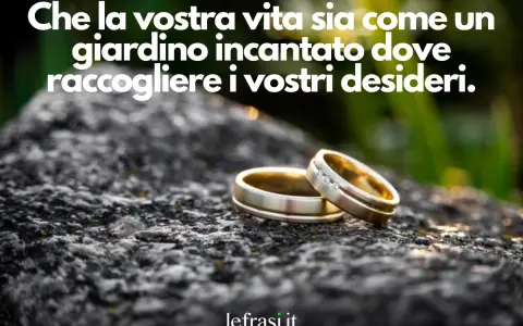Due fedi nuziali su una roccia, con la frase "Che la vostra vita sia come un giardino incantato dove raccogliere i vostri desideri". Promesse d'amore frasi.