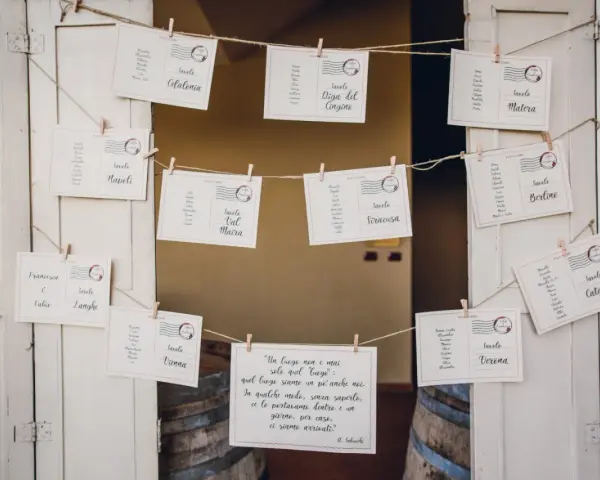 Tableau mariage idee: cartoline con nomi degli invitati e destinazioni, appese a filo con mollette.