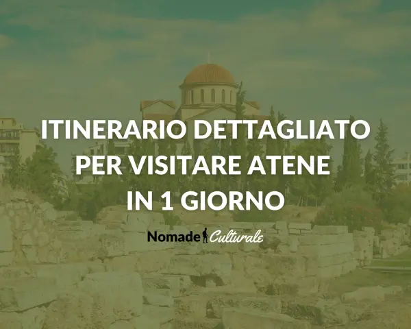 Itinerario dettagliato per visitare Atene in 1 giorno. Un'antica chiesa con cupola domina lo sfondo, mentre rovine storiche e vegetazione rigogliosa compongono la scena.
