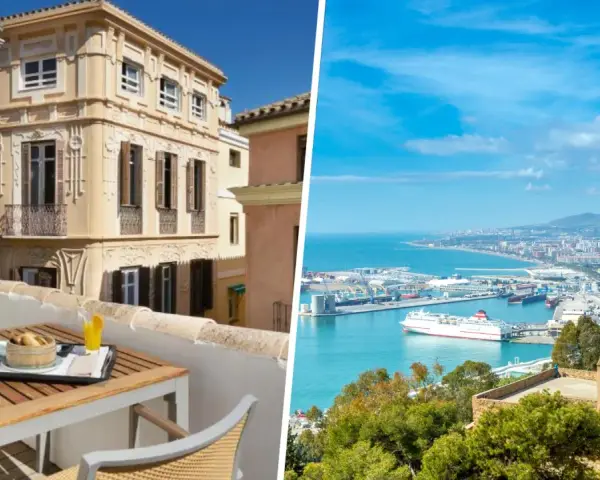 Balcone con colazione e vista panoramica sul porto di Malaga. Scopri dove alloggiare a Malaga per una vacanza indimenticabile.