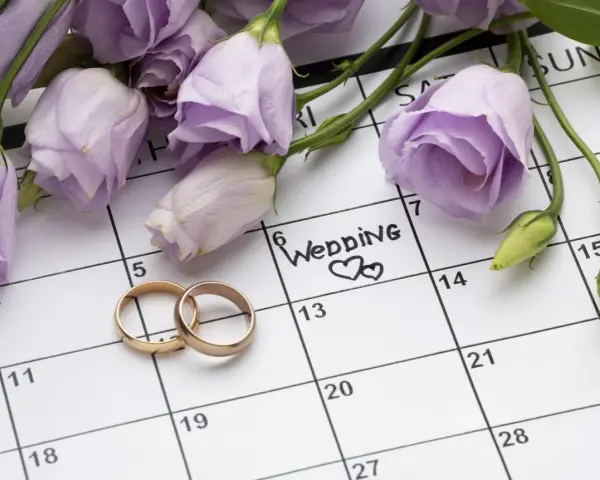 Anelli d'oro su un calendario segnato con "Wedding" e fiori lilla. Il giorno perfetto quando sposarsi.