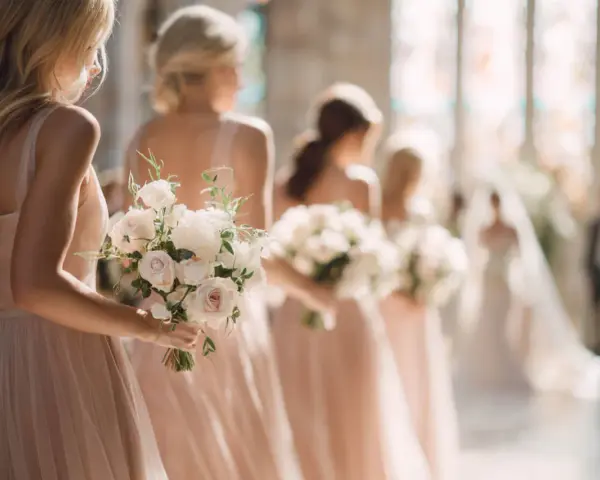 Damigelle d'onore in abiti rosa cipria, ognuna con un bouquet di rose bianche. Quante damigelle si possono avere per un matrimonio da sogno?