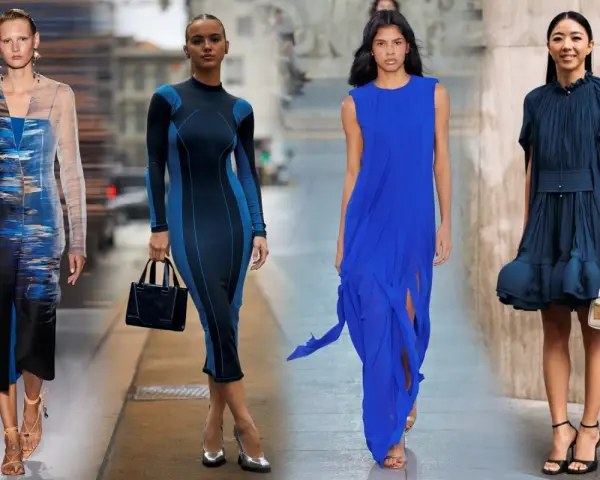 Four models in blue dresses on a runway and street.