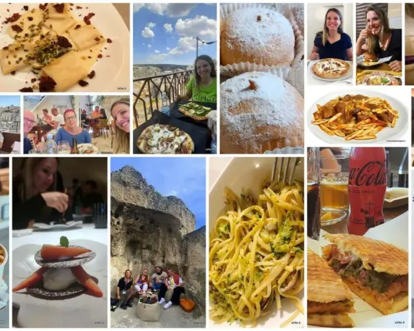 Collage di immagini che mostrano piatti tipici Matera: pasta, dolci, pizza, panini e antipasti, con scorci della città.