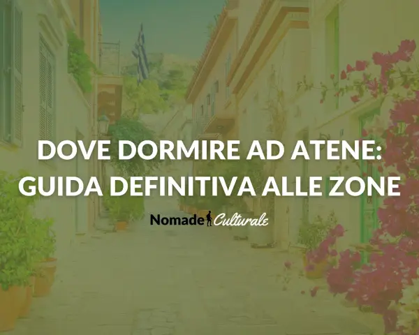 Guida definitiva su dove alloggiare ad Atene, con scorci di vicoli fioriti e la bandiera greca.