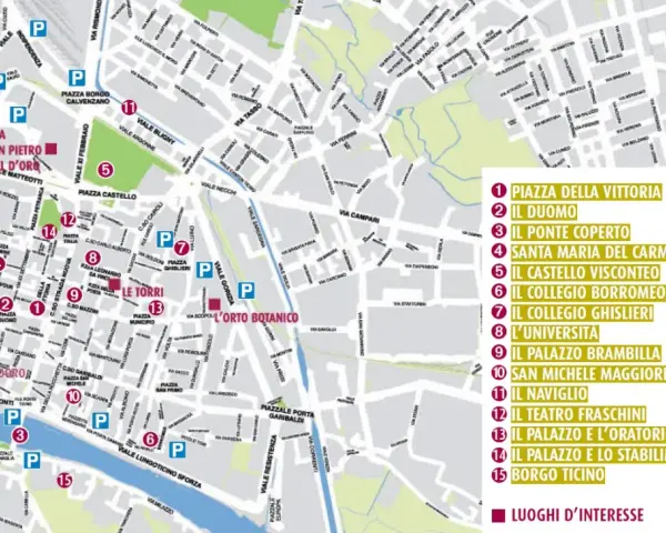 Mappa di Pavia: cosa vedere in un giorno. Indica i luoghi d'interesse come il Duomo, il Castello Visconteo e il Ponte Coperto.