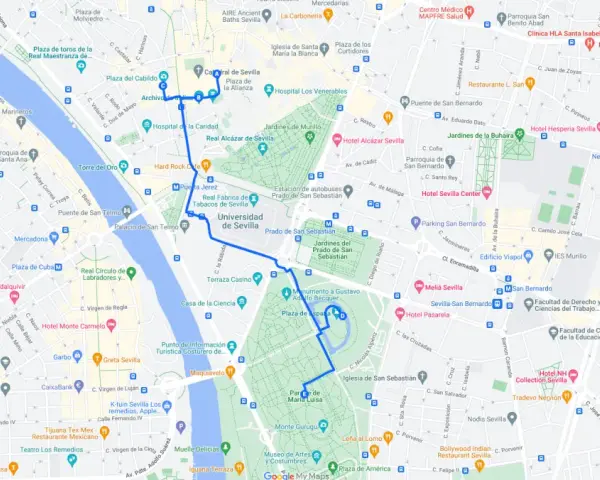 Mappa di Siviglia con itinerario per cosa vedere a Siviglia in 3 giorni: Alcázar, Plaza de España, Parco Maria Luisa, Cattedrale.