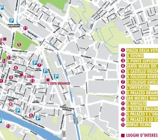 Mappa di Pavia: cosa vedere in un giorno. Indica i luoghi d'interesse come il Duomo, il Castello Visconteo e il Ponte Coperto.