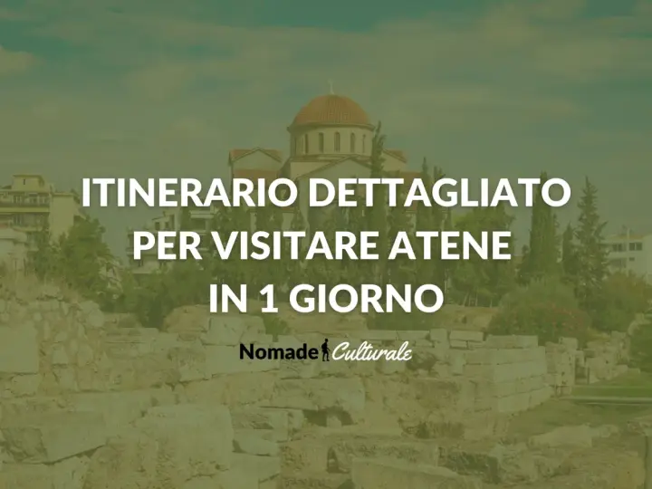 Itinerario dettagliato per visitare Atene in 1 giorno. Un'antica chiesa con cupola domina lo sfondo, mentre rovine storiche e vegetazione rigogliosa compongono la scena.