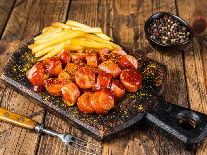 Currywurst e patatine fritte, un classico per sapere cosa mangiare a Berlino.
