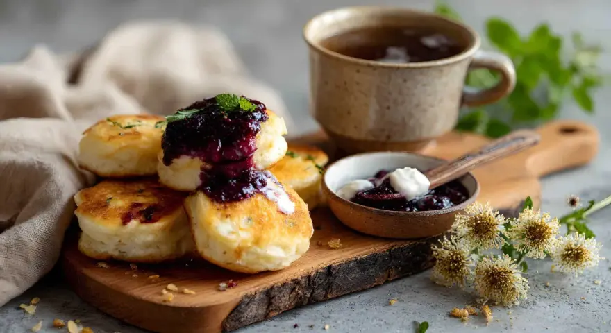Deliziosi pancake con marmellata di mirtilli e panna acida, un assaggio dei piatti tipici rumeni, accompagnati da una tazza di tè.