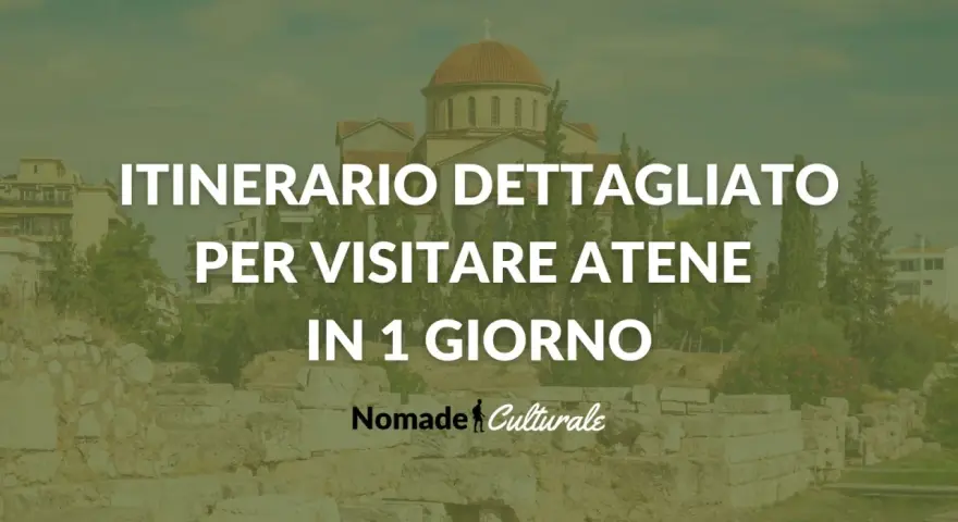 Itinerario dettagliato per visitare Atene in 1 giorno. Un'antica chiesa con cupola domina lo sfondo, mentre rovine storiche e vegetazione rigogliosa compongono la scena.
