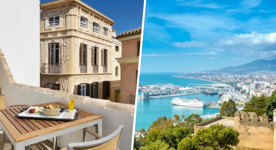 Balcone con colazione e vista panoramica sul porto di Malaga. Scopri dove alloggiare a Malaga per una vacanza indimenticabile.