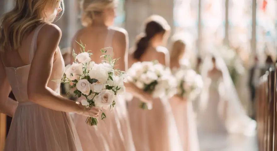 Damigelle d'onore in abiti rosa cipria, ognuna con un bouquet di rose bianche. Quante damigelle si possono avere per un matrimonio da sogno?